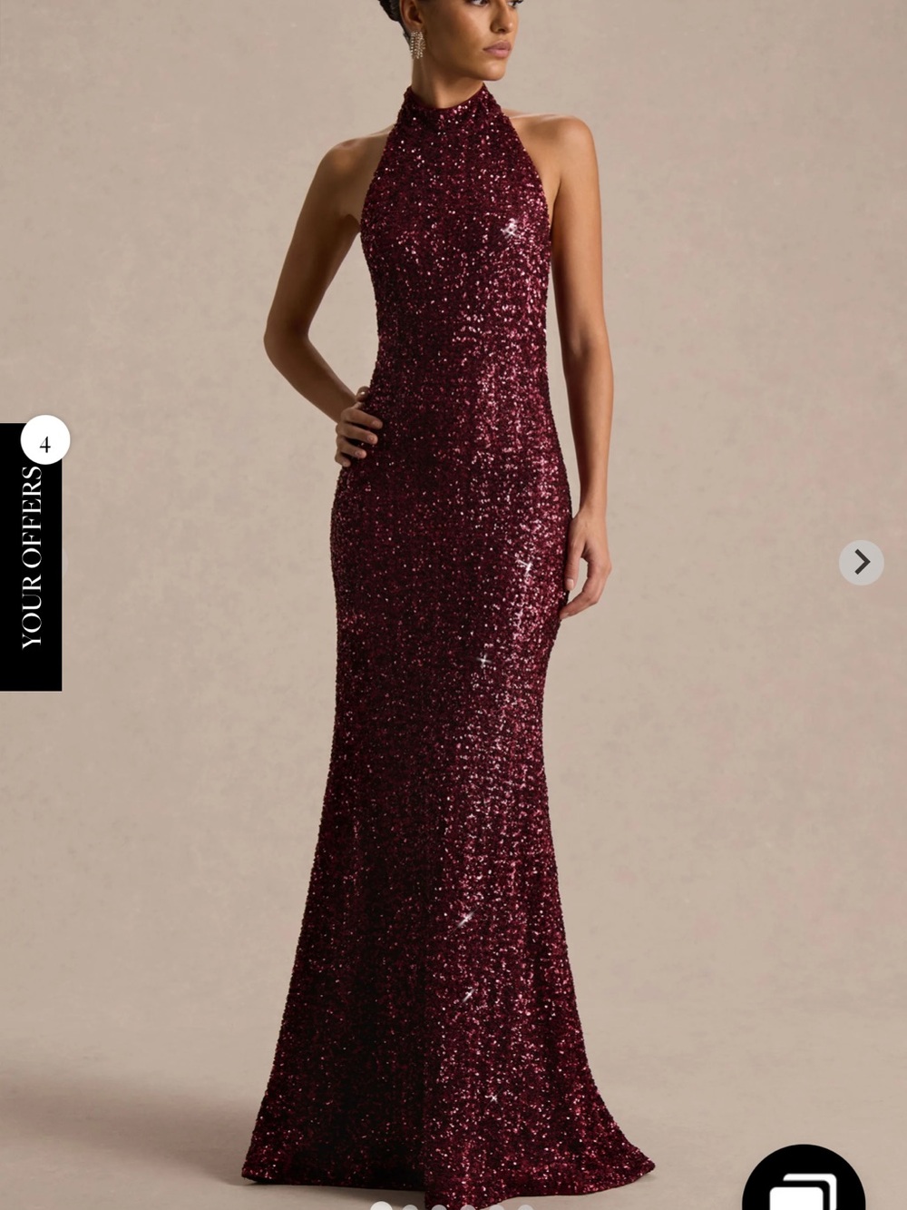 Club L London Burgundy Sequin Backless Halter Evening Gown